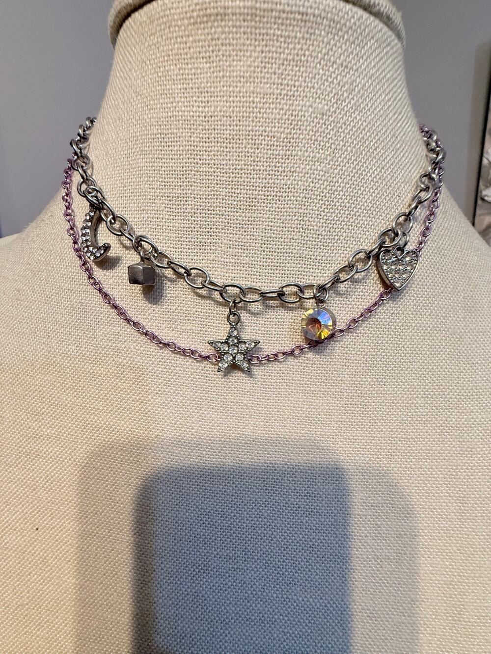 Vintage Rhinestone Charm Layered Choker Necklace 14”